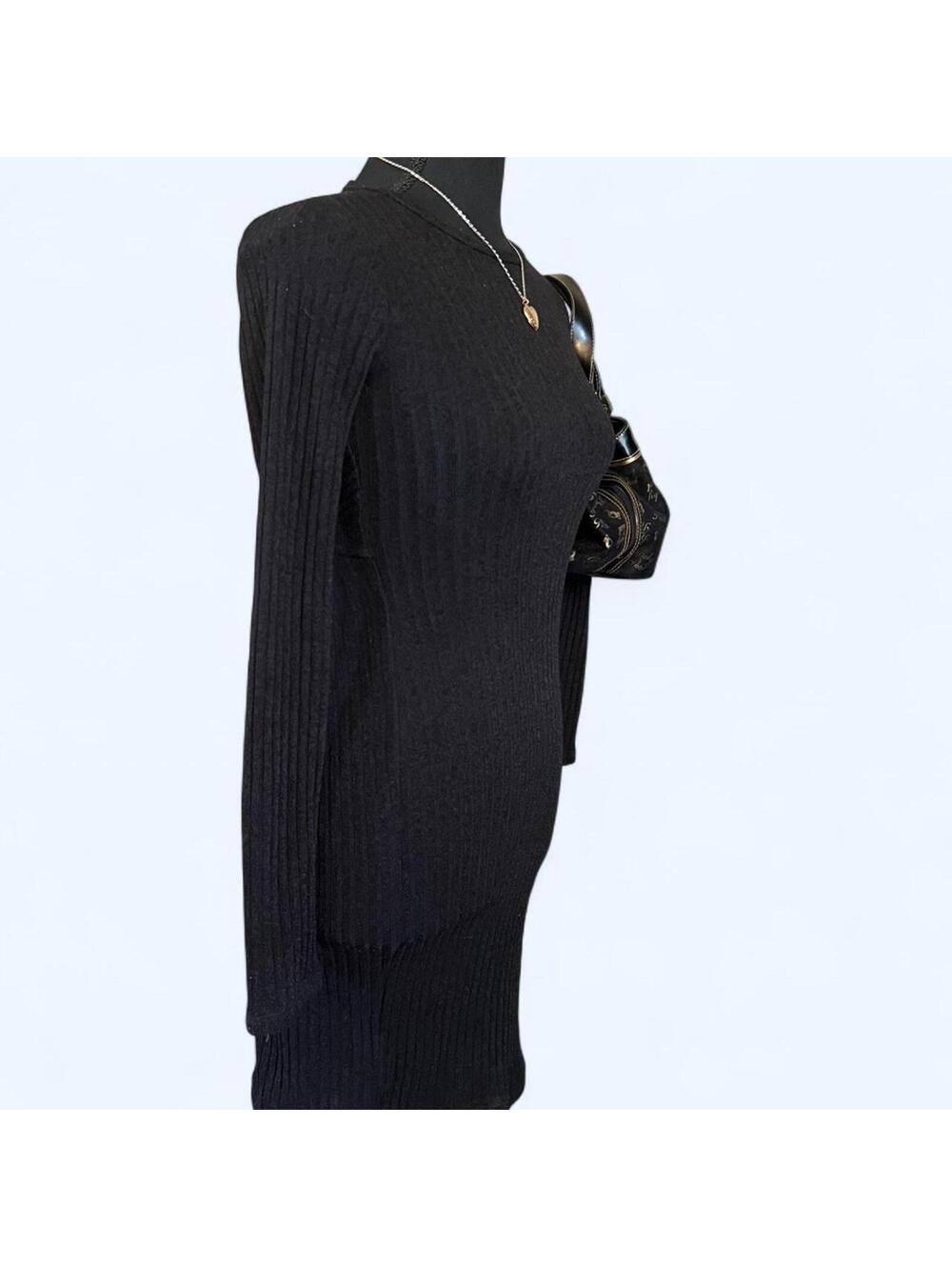 Black ribbed bodycon mini dress long sleeve minimalist basics size XS - Picture 2 of 6
